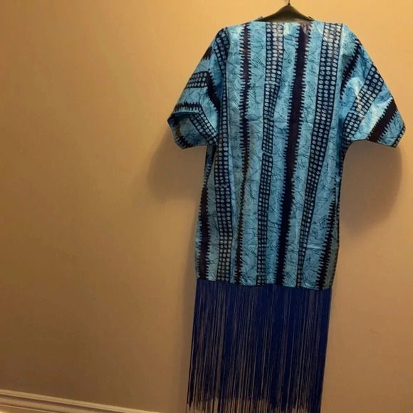 ZIXLUXE Fashion Loose Fit half Fringe Adire Kaftan | Coverup | maxi V neck dress - Picture 7 of 12
